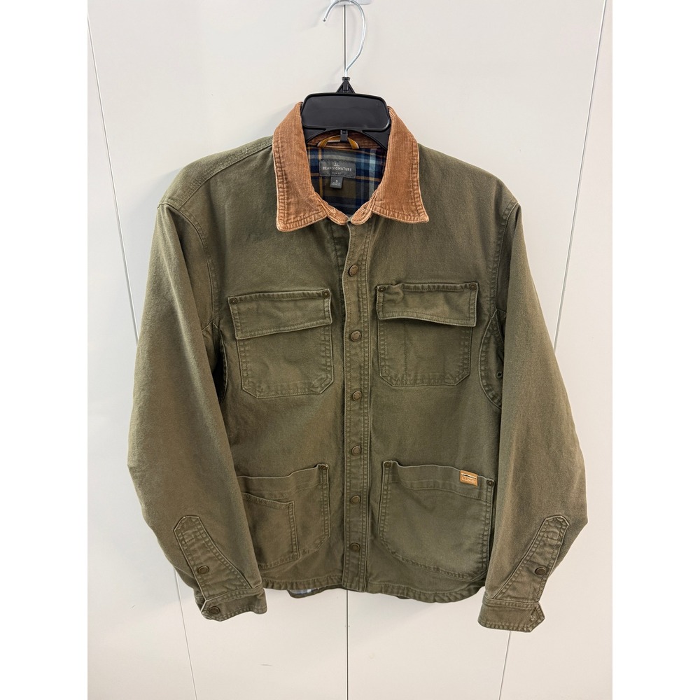 LL Bean Signature Slim Fit Field Jacket Olive Corduroy Collar Small 507623 READ